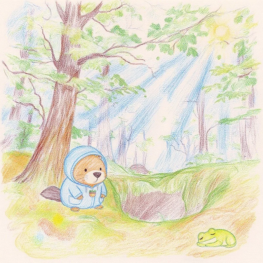 しとしと雨の梅雨のある日。お気に入りのカッパを着てお散歩中のカッピー。お昼寝中のケロちゃんを見つけたカッピー。
