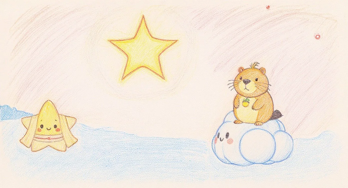 Kappy sits on Cloud-kun beneath a distant star, realizing they cannot reach it and wondering what to do — 遠くのお星さまに近づけず、どうしようかと考えるカッピーと少し疲れた雲くんの場面。
