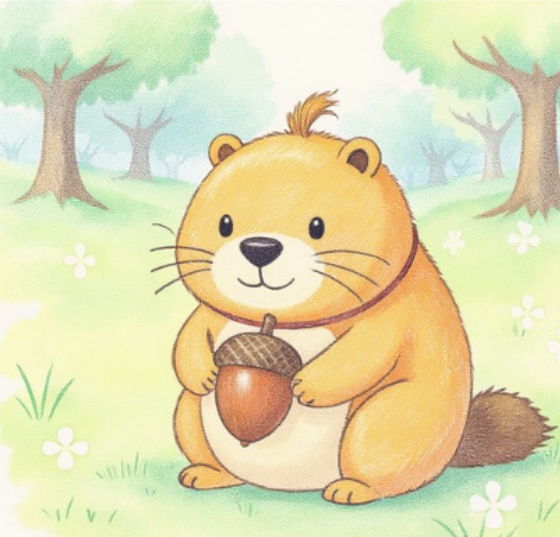 Kappy gently holds an ordinary acorn in the forest, smiling as if to say, “This one is my favorite.” （森の中で、いわゆる普通のどんぐりを大切そうに抱えながら、「これが好きなんだかぴ」と微笑むカッピー。）