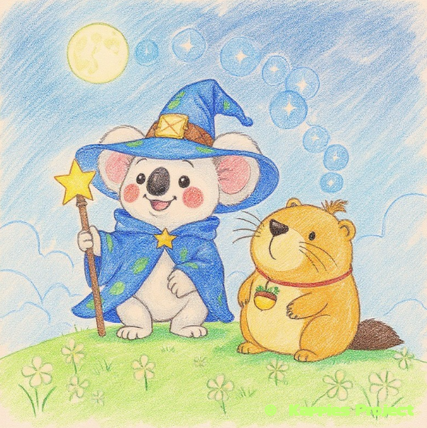 Dreamer Koala and Kappy sit on a grassy hill under the full moon. The koala wears a starry wizard outfit, and Kappy looks up at the night sky, thinking about tonight’s dream.満月の下、草原でドリーマーコアラとカッピーが夜空を見上げている様子の優しいイラスト。