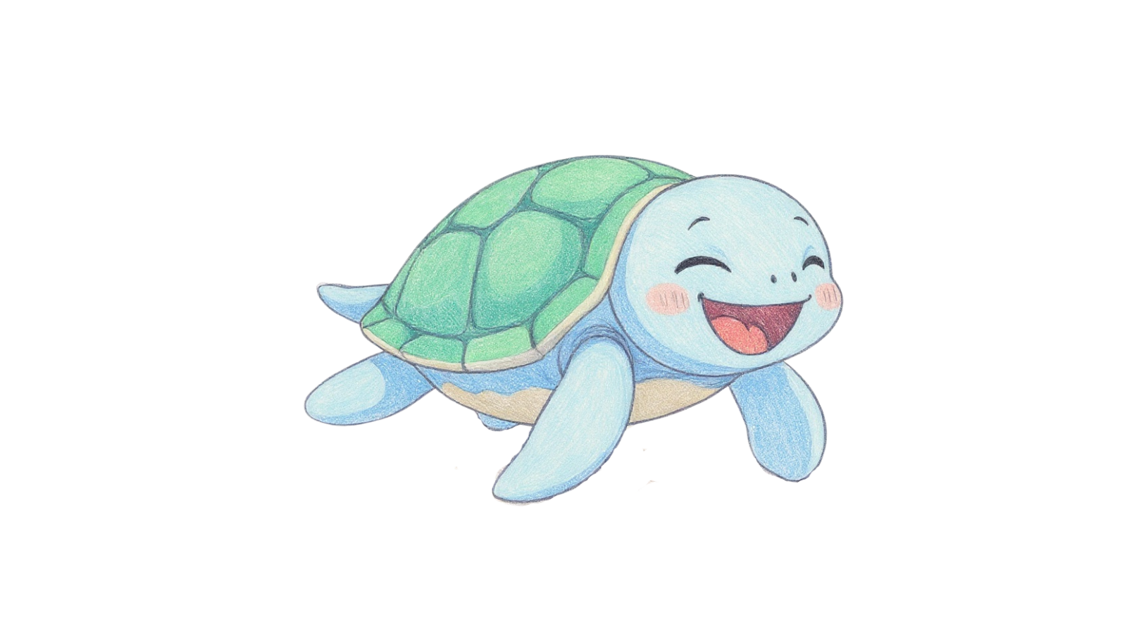 Main profile illustration of Kamekichi, the joyful sea turtle from Kappies Forest Friends, smiling brightly after meeting Kappy.カッピーと出会って本当の笑顔を見せる、カメ吉のプロフィールイラスト。