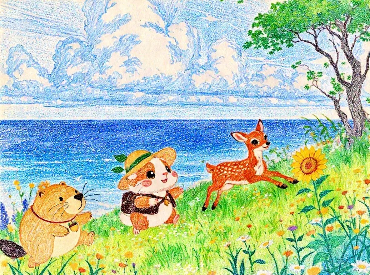 カッピーとモルちゃんとハナちゃんがひまわりの丘を駆け上っているかぴ！