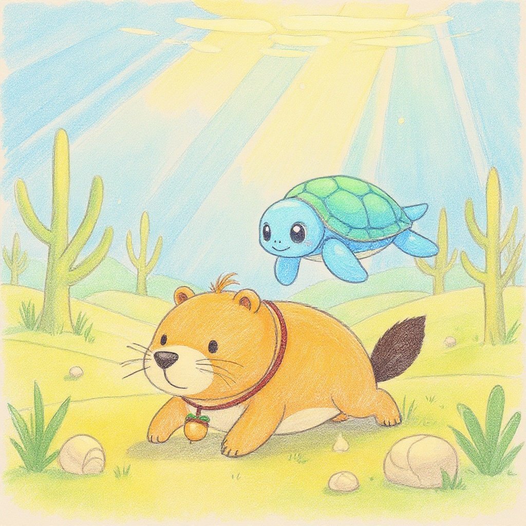 Kappy and Kamekichi exploring the mysterious desert sea together, walking under warm sunlight. (Kappies forest friends) カッピーとカメ吉が、陽ざしの差し込む砂漠の海を一緒に探検しているシーン。