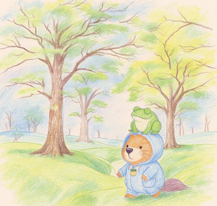 お気に入りのカッパを着てカピバラのカッピーとカエルのケロちゃんは一緒におさんぽ　ペタペタ　ペタペタ　足音を鳴らして静かな森をおさんぽです。
