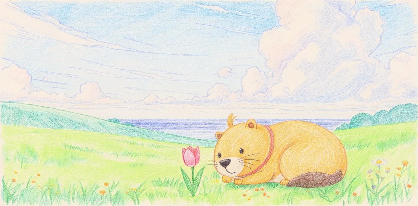 カッピーはチューリップを海辺の草原で見つけて、そっとじっと見つめています。そっと近くにしゃがんで、一凛のチューリップを見つめています。