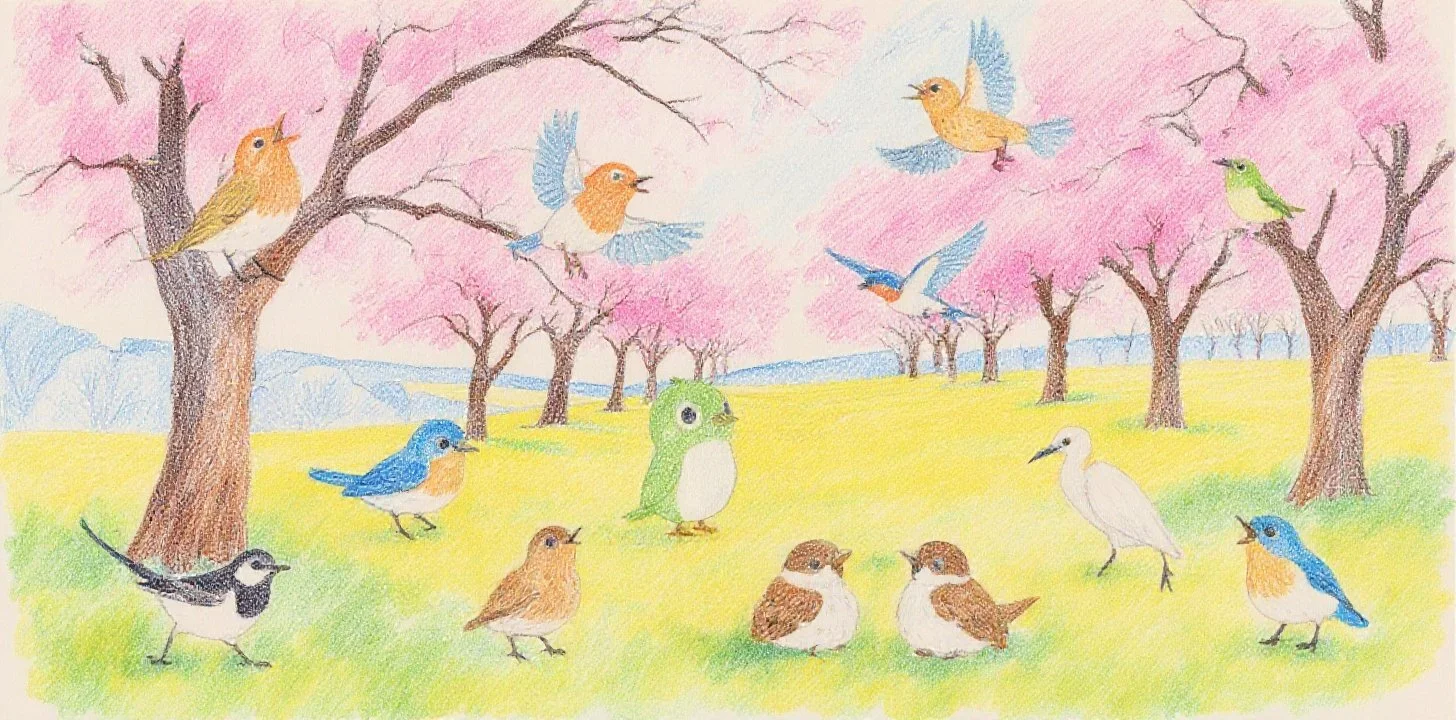 桜が咲く草原でさまざまな鳥たちが集まりさえずる春の風景 A spring scene where many birds gather and chirp in a grassy field filled with blooming cherry blossom trees
