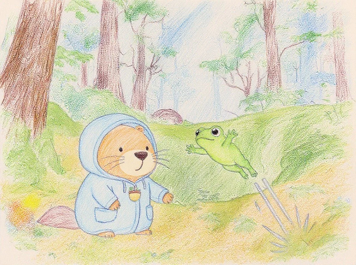 ケロちゃんはカッピーの頭の上に向かって、ぴょん！ってジャンプ！