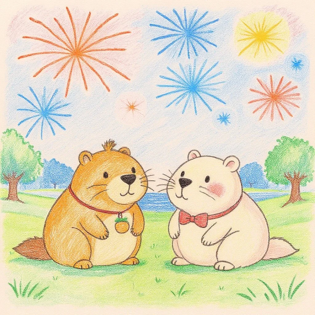 Having lost their way, Kinari and Kappy stop to watch fireworks blooming in the summer sky, turning a small mistake into a precious memory. （道に迷った先で夏の夜空に咲く花火を見上げる、きなりちゃんとカッピーの小さな森の思い出。）