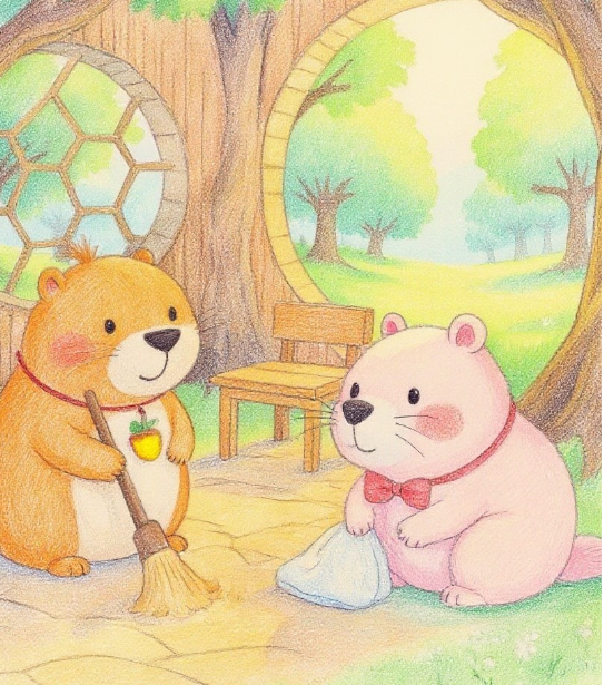 Kinari and Kappy clean the forest school together, turning an ordinary chore into a happy moment simply by being with each other. （森の学校で、きなりちゃんとカッピーが一緒にお掃除をすることで、ただの当番の時間が「一緒だから楽しい」幸せなひとときに変わっている。）