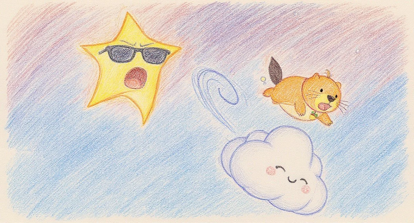 Kappy quickly flies away with Cloud-kun after the star reacts angrily — 怒ったお星さまにびっくりして、雲くんといっしょにぴゅーっと逃げるカッピーの場面。