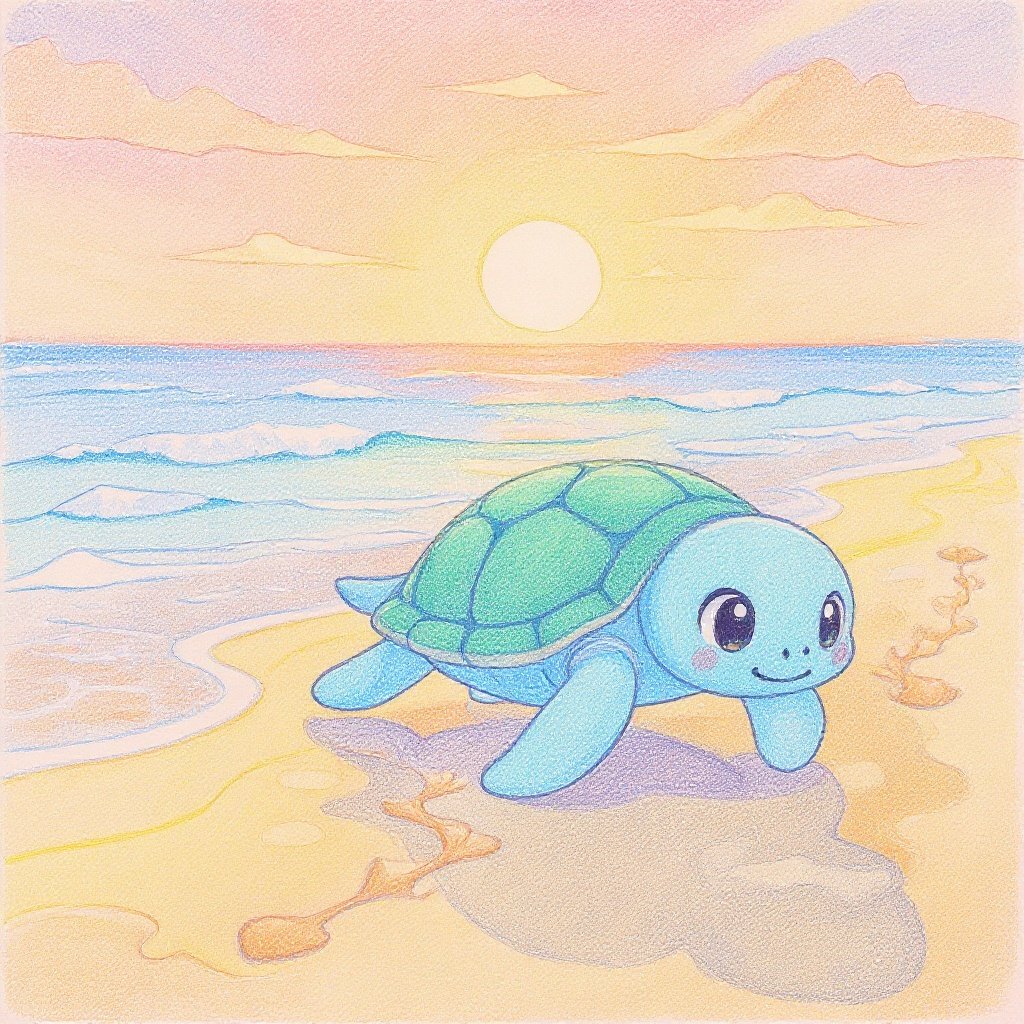 Kamekichi the sea turtle coming up from the ocean onto the warm sunset beach, leaving gentle tracks in the sand. (Kappies forest friends) 夕日の砂浜へ海から上がってきたカメ吉が、やさしい足跡を残しながら歩いているシーン。