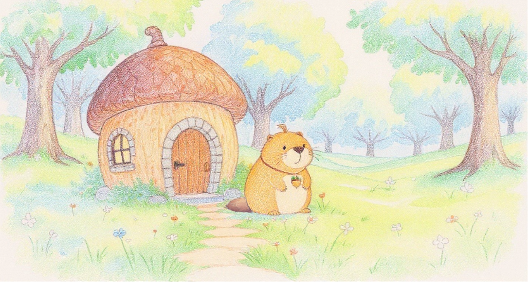 Kappy steps outside his acorn house after waking up and decides in his heart, “I’m going for a walk.” 目を覚ましたカッピーが、どんぐりのおうちから外に出て「おさんぽするかぴ」と心に決めたひとこま。