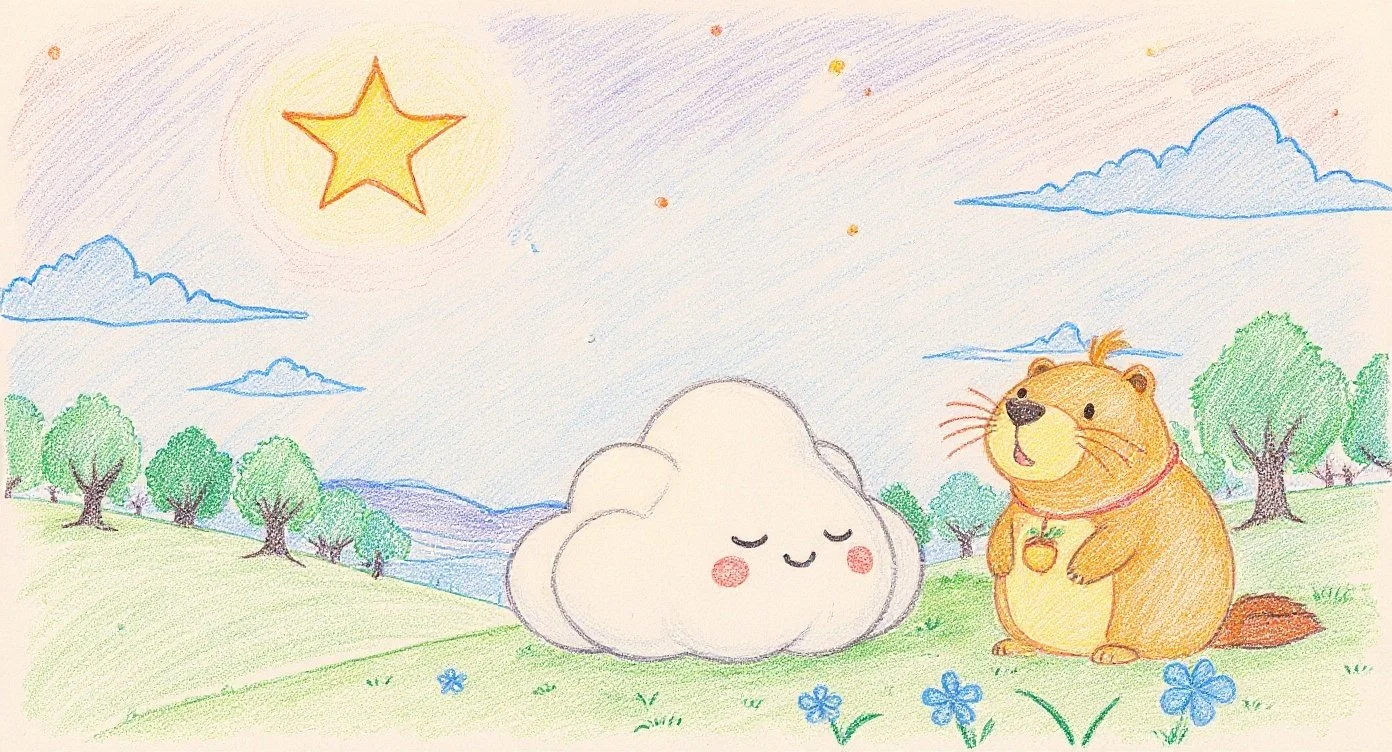 Kappy the capybara and Cloud-kun sit quietly in the forest looking up at a distant star in the night sky — カッピーと雲くんが森の地面に戻り、遠くに輝くお星さまを静かに見上げている場面。