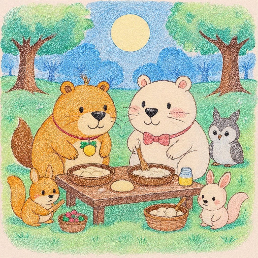 夏の夜。カッピーときなりちゃんはフクロウ君やウサギちゃんたちと一緒にご飯を作ります。夏の風が吹く青春の夜。
