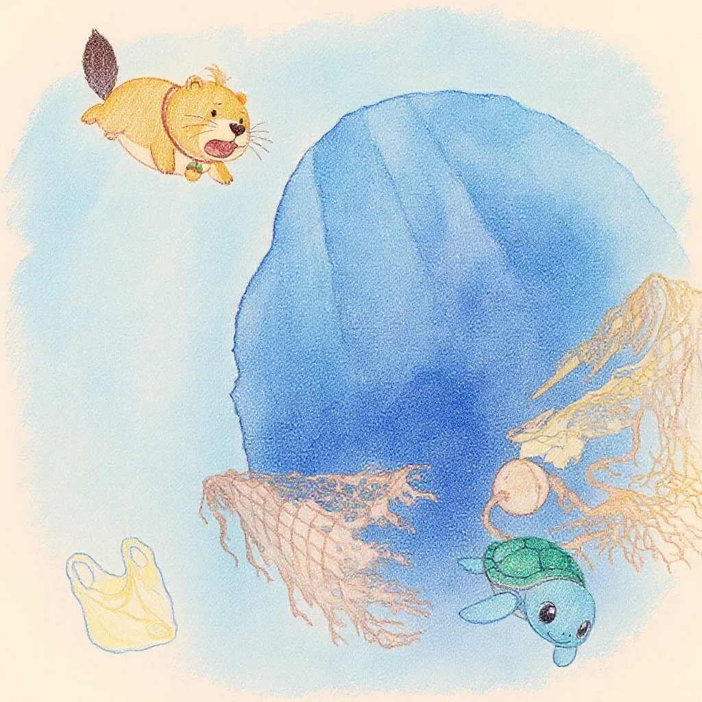 Kappy shouting “Wait! Don’t go!” as Kamekichi dives toward a pearl, unaware that ghost gear is waiting in the deep.（カッピーが「いかないで！」と叫ぶ中、真珠を取りに深く潜ろうとするカメ吉。深海ではゴーストギアが静かにその瞬間を待ち受けている。）