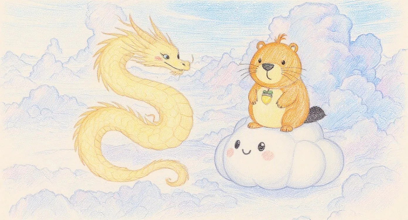 Kappy meets a mysterious creature in the sky. “A god? A dragon?” ふしぎないきものにであいました。かみさま？ドラゴン？