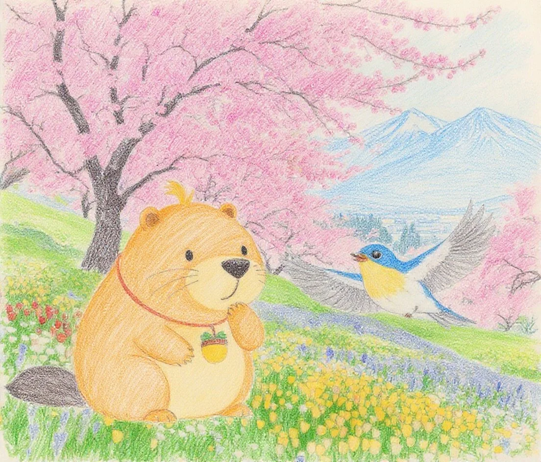 ルリビタキがカッピーに桜を見るとなぜ嬉しくなるのかと尋ねる春のシーン A spring scene where a blue-and-white flycatcher asks Kappy why seeing cherry blossoms makes everyone feel happy