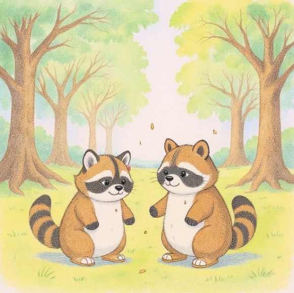 Tanukichi and Tanuko stand together in a quiet forest clearing, gently talking as golden leaves fall around them.静かな森のひらけた場所で、タヌ吉とタヌ子が落ち葉の舞う中、やさしく語り合っている“もりのひとこま”。