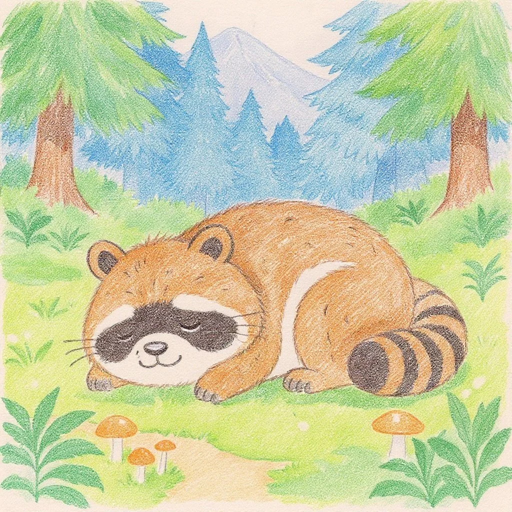 Tanukichi the tanuki takes a peaceful nap on the soft forest floor of Tanuki Mountain, surrounded by lush greenery and tiny mushrooms.緑ゆたかな“たぬき山”で、タヌ吉がやわらかい草の上に気持ちよさそうにお昼寝している森のひとこま。