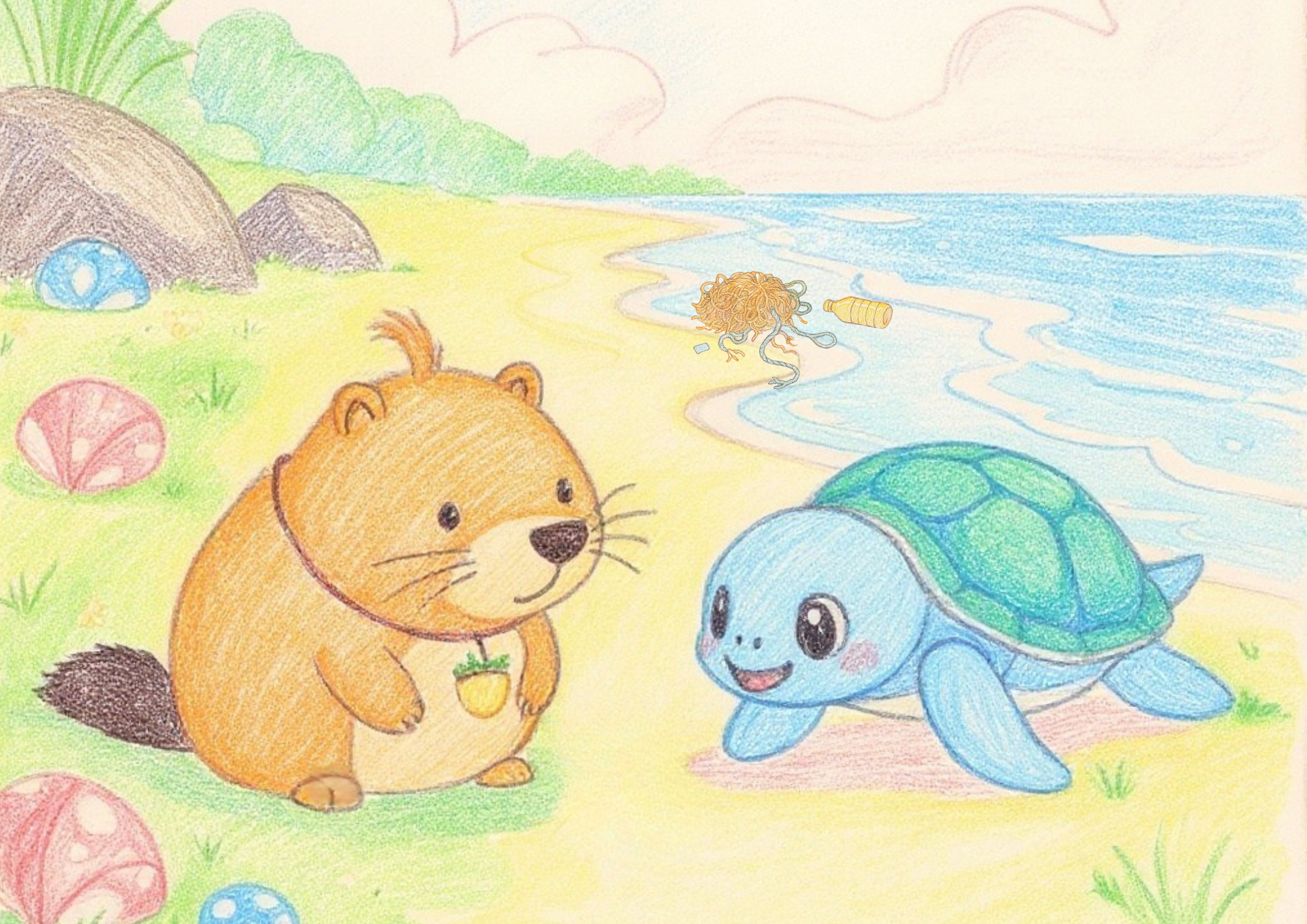 Kappy and Kamekichi meeting on the beach for the first time, with ghost gear quietly lying behind them — a gentle beginning shadowed by an unseen danger.（カッピーとカメ吉が初めて出会った浜辺。優しい始まりの後ろには、まだ誰も気づかないゴーストギアが静かに横たわっている。）