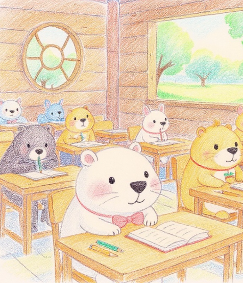 Kinary enjoying a cheerful forest class with her friends under the gentle sunlight.（やさしい木漏れ日の中、もりのなかまたちと楽しい森の授業を受けるきなりちゃん）
