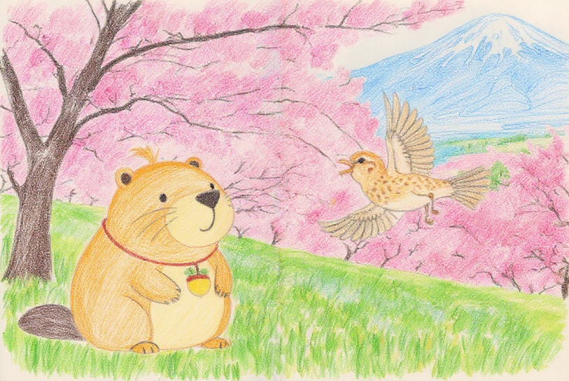 ヒバリがカッピーに桜がなぜピンクなのかと問いかける春のシーン A spring scene where a skylark asks Kappy why cherry blossoms are pink