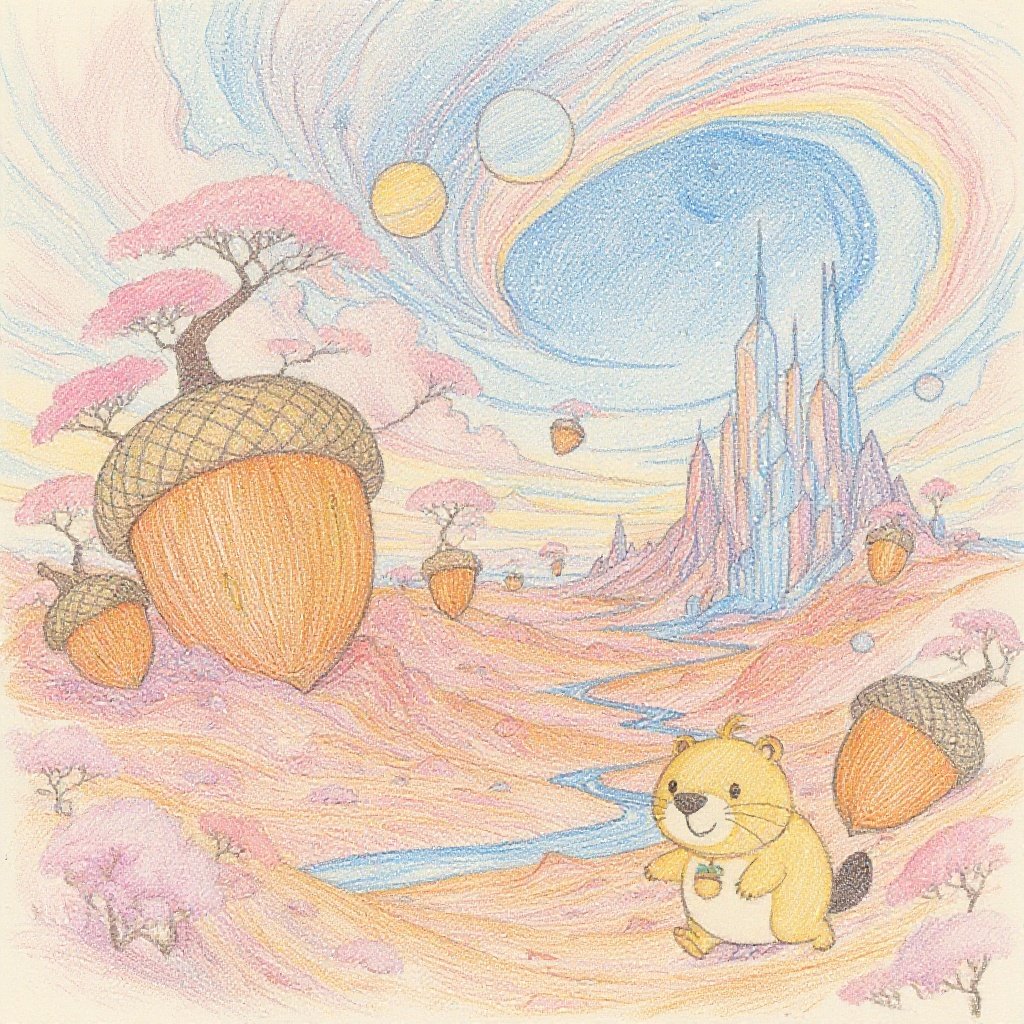 Kappy is running across Acorn Planet, excited to explore the unknown world ahead. 惑星どんぐりを走りながら、この先に広がる未知の世界にワクワクしているカッピー。