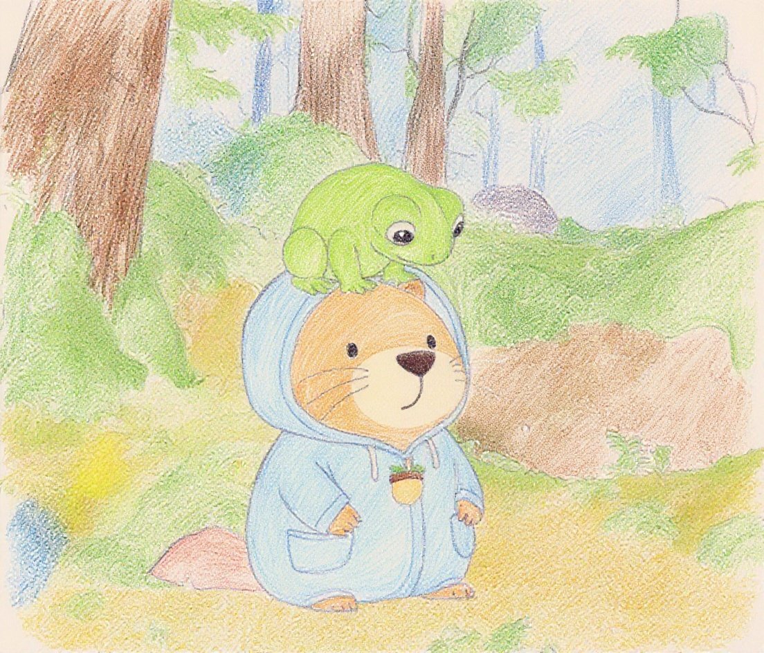 ケロちゃんはカッピーの頭の上に乗って、目を合わせておさんぽスタート！