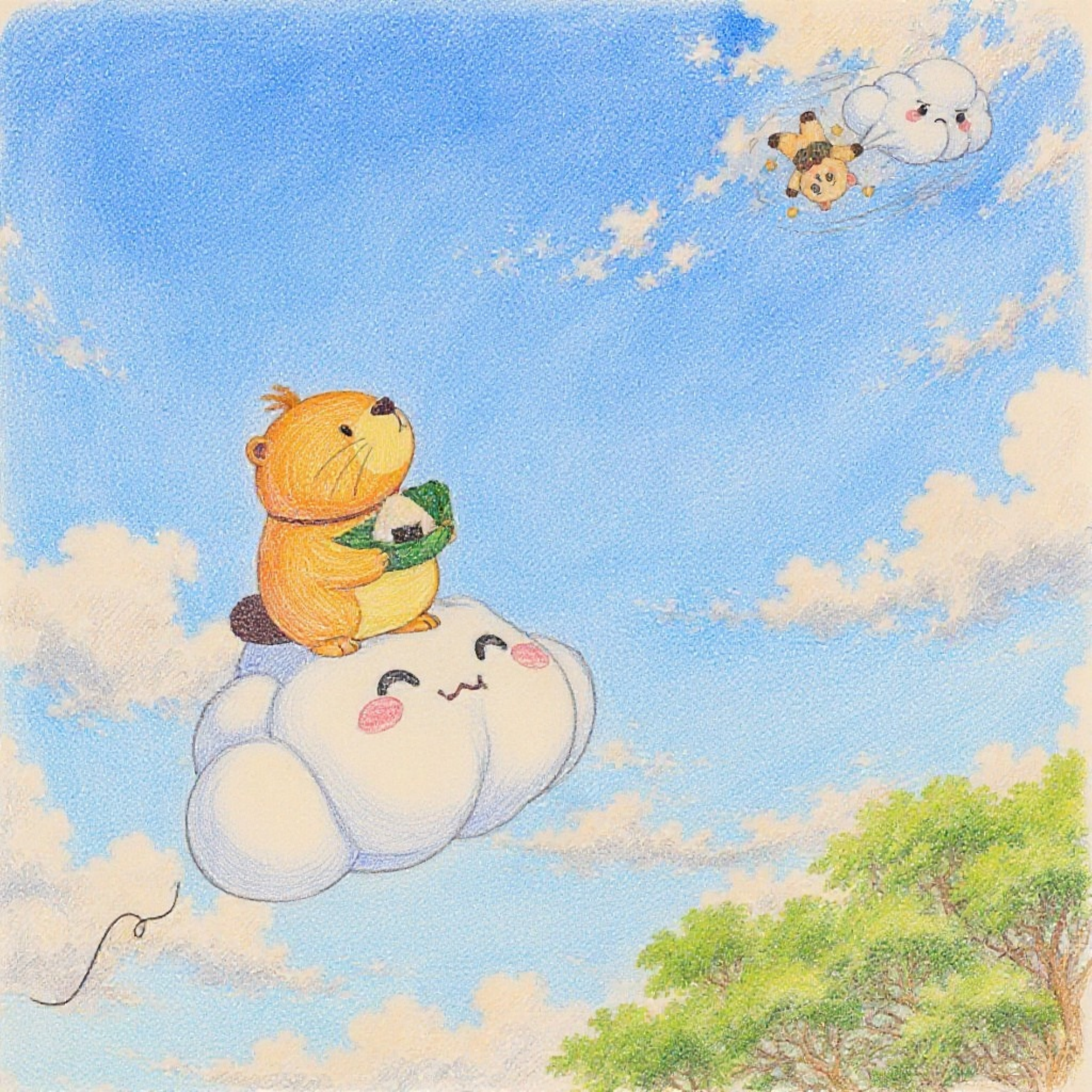 「あんなに おそらまで いってるかぴ」ずいぶん とおくまで いっちゃってる アルパカせんせい    「ねえくもくん もうすこし はやく はしれるかぴ？」    「う～～ん！モグモグ モグモグ！おいしいおいしい！」  くもくんは カッピーのはなしを きいていないみたい