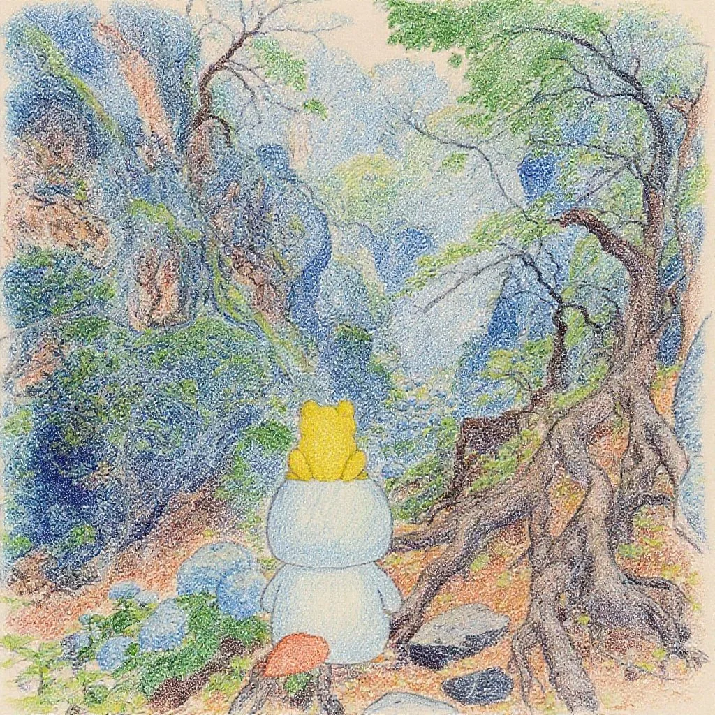 山を登っていくと、どんどん薄暗くて険しい道になっていきます。薄暗い山をカッピーとケロちゃんは進んでいきます。