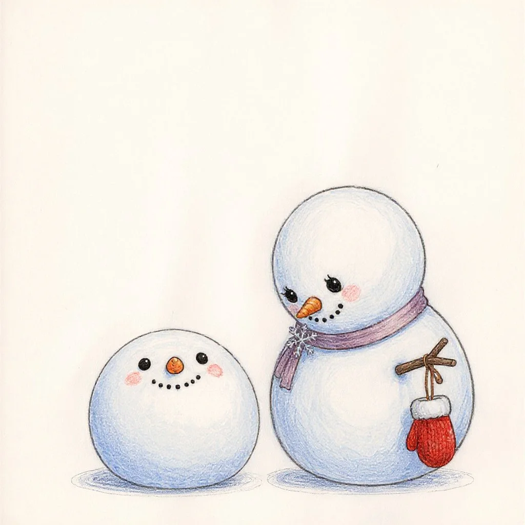 子雪だるまとお母さん雪だるま　お母さんは優しく見守って。