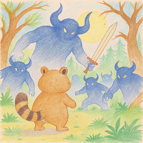 Tanukichi stands firm as a towering shadow spirit brandishes a sword, facing the darkness to protect someone he cares about. 巨大な影カラが剣を構える前で、タヌ吉が大切な存在を守るために勇敢に立ち向かう瞬間。