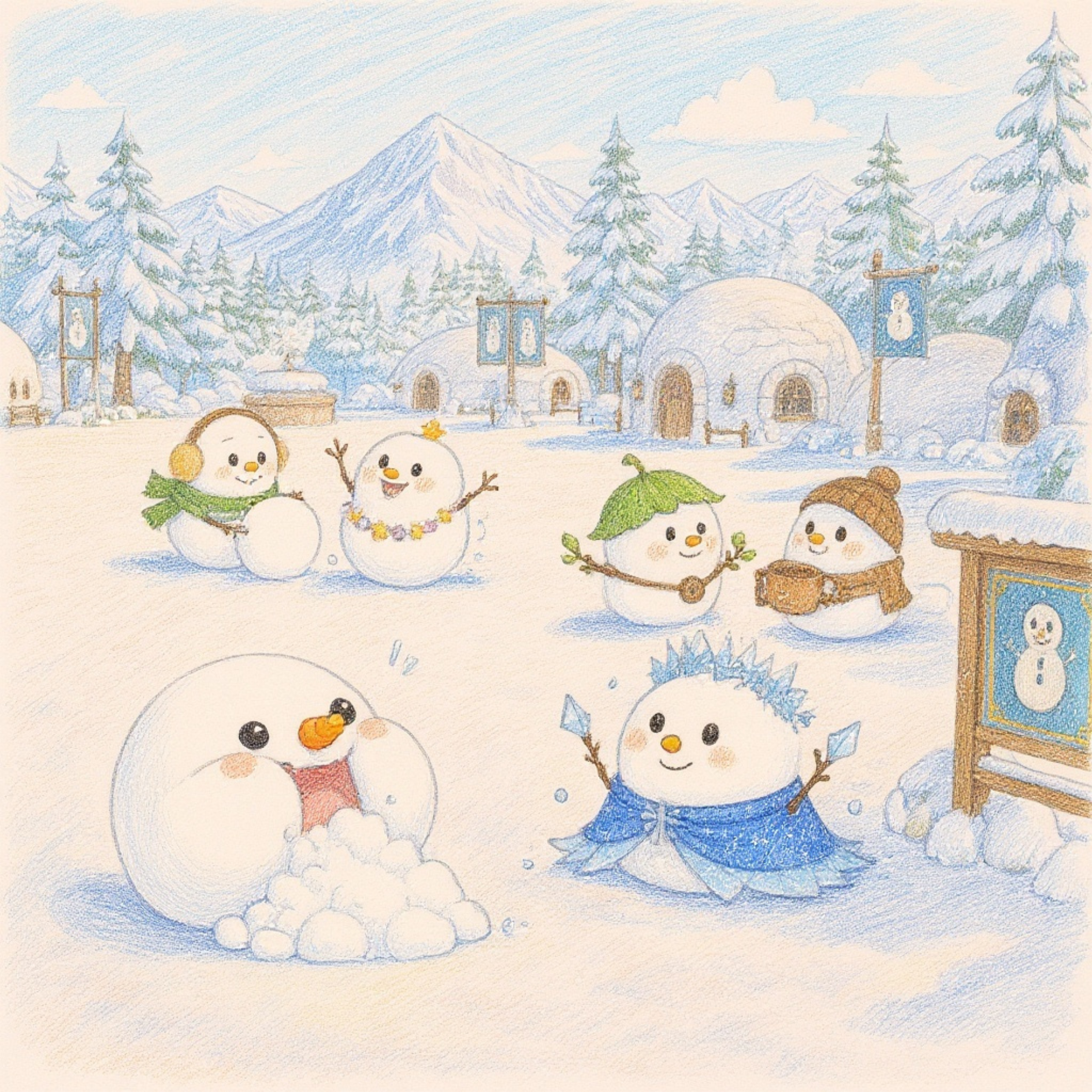 他の子雪だるまが遊んでいるのに、一人だけ雪を食べ続ける変わり者の子雪だるま