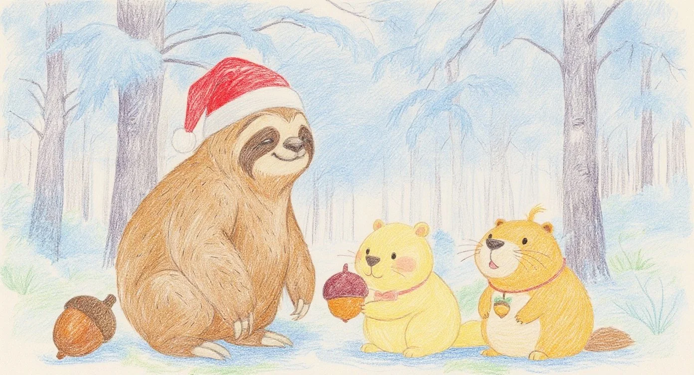 ナマケモノのサンタクロースはカッピーときなりちゃんからドングリをもらっています。