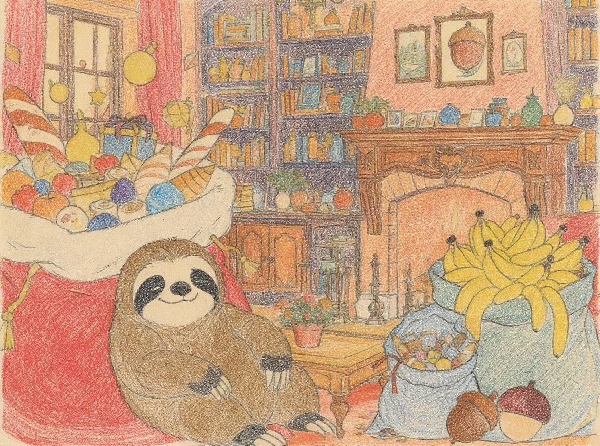 A sloth Santa Claus enjoying and using many gifts at home, slowly thinking about what he truly likes and needs in the world of Kappies.（みんなからもらったものをたべて、つかって、かざりながら、ゆっくりと「ほんとうにたいせつなもの」を考える、なまけもののサンタクロースのシーン）