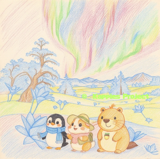 カッピーとモルちゃんとペンギン君がオーロラの雪国に！