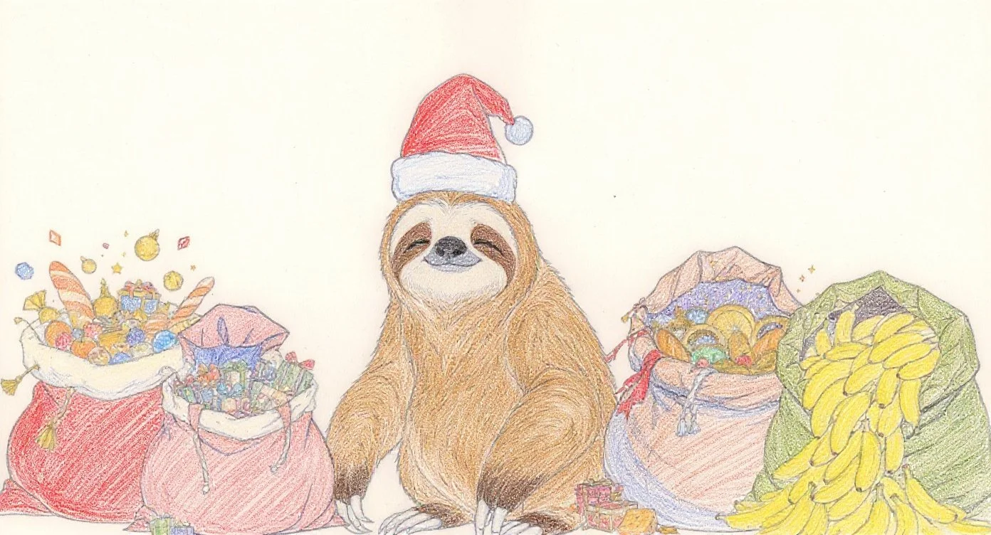 A sloth Santa Claus surrounded by piles of gifts and bananas, smiling lazily under the words “All of it is mine” in the forest world of Kappies.（たくさんの贈り物やバナナに囲まれ、「全部ぼくのもの」と書かれた、欲張りでのんびりしたなまけもののサンタクロース）