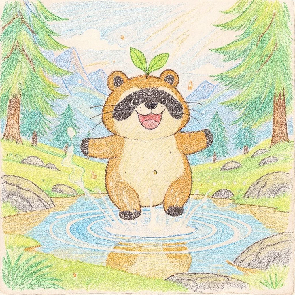 Tanukichi the tanuki jumps with joy in the legendary healing hot spring of Tanuki Mountain, a place where wounds and illnesses fade away and everyone feels refreshed.けがや病気もすぐ治ると言われる“たぬき山の幻の温泉”で、タヌ吉が嬉しそうに飛びはねている森のひとこま。