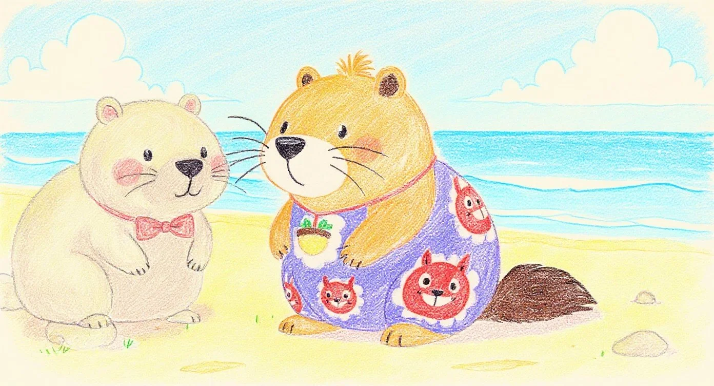 ビーチ（砂浜）で鬼の海水パンツを履いてみたカッピー。きなりちゃんも一緒にいるけど、カッピーは自信満々？それともちょっと恥ずかしいのかな？