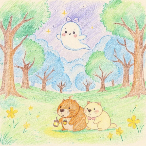 In the middle of a test of courage, Kinari and Kappy walk through the forest side by side, their hearts racing as the path grows darker and quieter. （肝試しの真っ最中、だんだん暗く静かになっていく森の中を、きなりちゃんとカッピーがドキドキしながら並んで歩いている。）