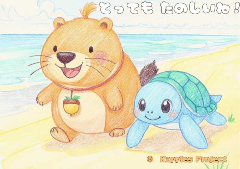 Kappy the capybara and Kamekichi the sea turtle walking happily together along the beach, sharing a joyful moment from the picture book “Kappy and Kamekichi: Sea Friends”.（カピバラのカッピーとかめのカメ吉が、海辺を楽しそうに一緒にお散歩している絵本『カッピーとカメ吉 海の友』のワンシーン）