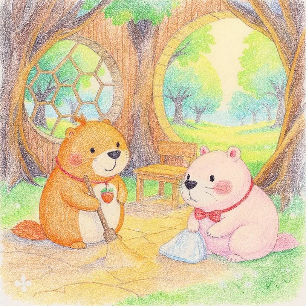 今日はお掃除当番。カッピーときなりちゃんは一緒にお掃除。お掃除の時間もあっという間に過ぎていきます。