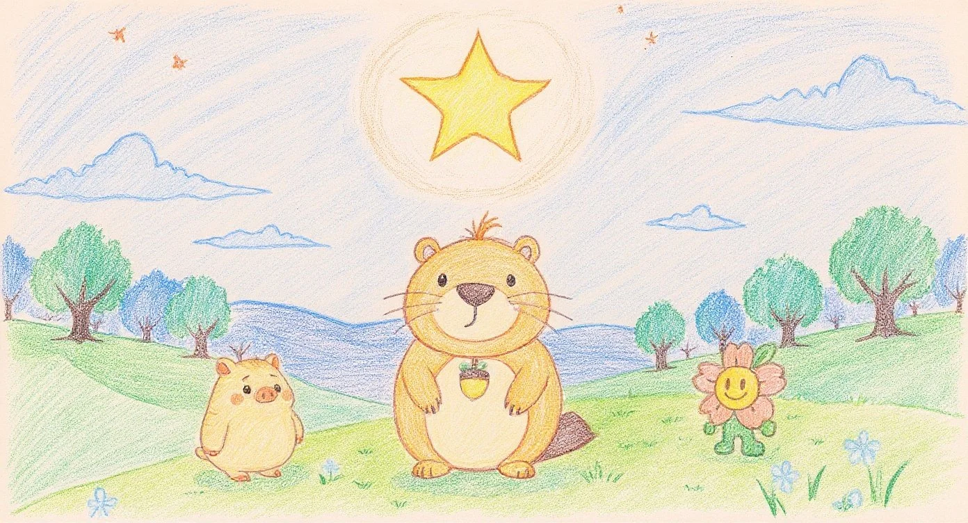 Kappy and his forest friends stand under a glowing star, quietly thinking about what might be up there — 光るお星さまの下で「うーん…」と考えるカッピーと森のなかまたちの場面。