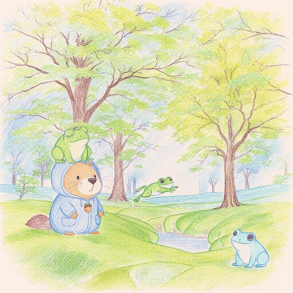 お散歩の途中、色とりどりのカエルくんやカエルちゃんに出会います。