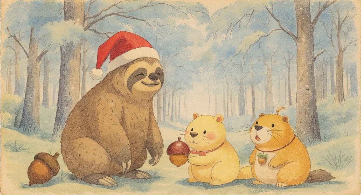 A sloth Santa Claus gently receiving an acorn from Kappy and Kinary-chan in the quiet forest, marking a small but meaningful gift in the world of Kappies.（カッピーときなりちゃんからドングリを手渡され、静かな森の中でそっと受け取る、なまけもののサンタクロースのシーン）