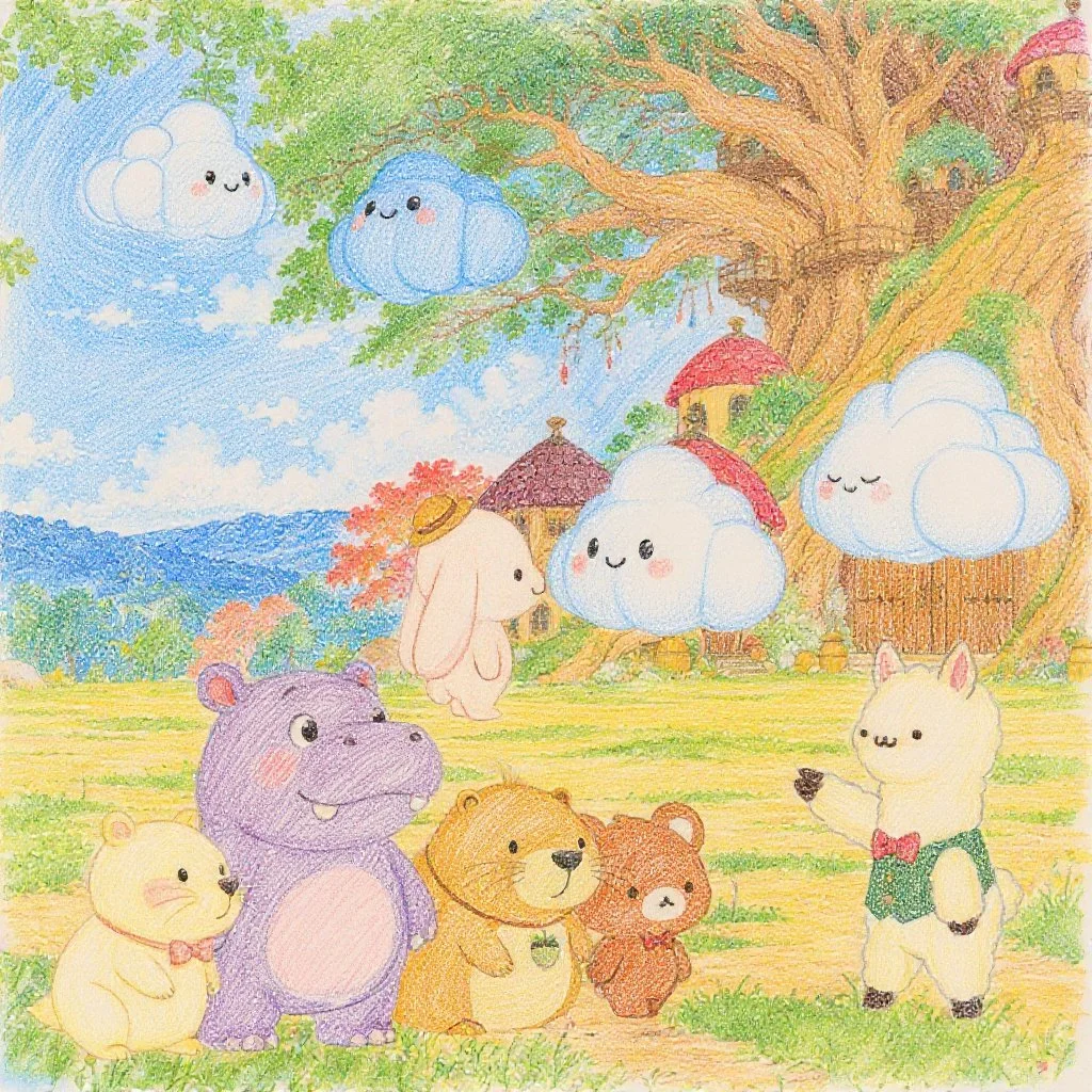 これからくもののりかたの授業が始まるよ　みんな集まってアルパカ先生の話を聞き始めます。