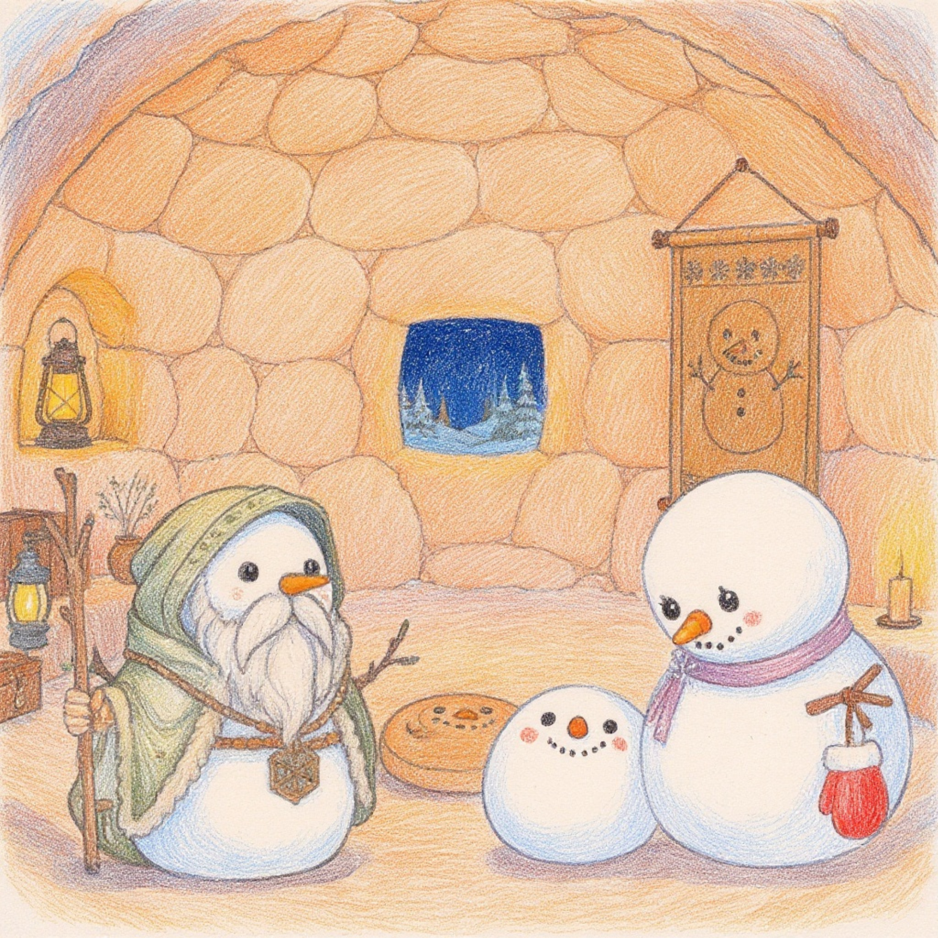 長老のおうちで　「かつて花火を見た伝説の雪だるまの話を聞く、小さな子雪だるま」