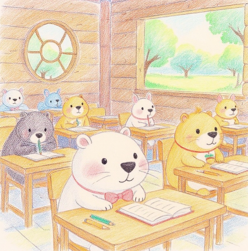 もりのがっこうで、みんなで二度寝の授業をうけているかぴ