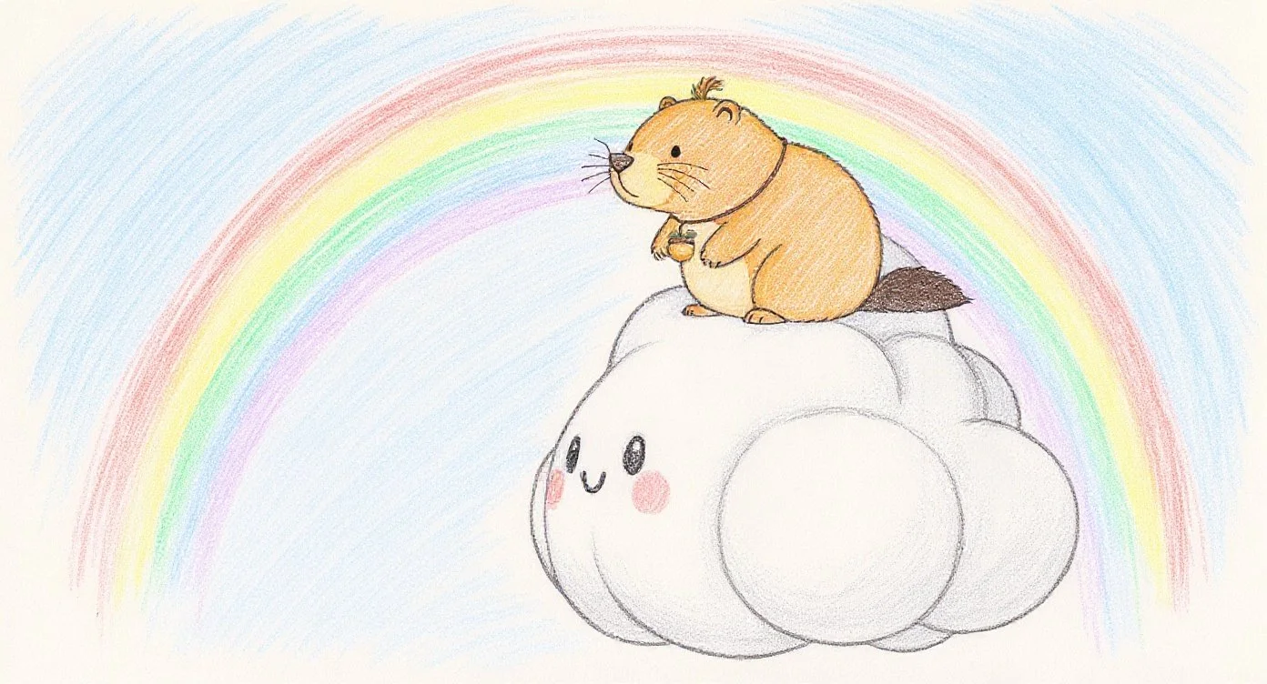 Kappy walks in the sky on top of a fluffy cloud. ふわふわ、ふわふわ。くものうえ。そらのおさんぽ。