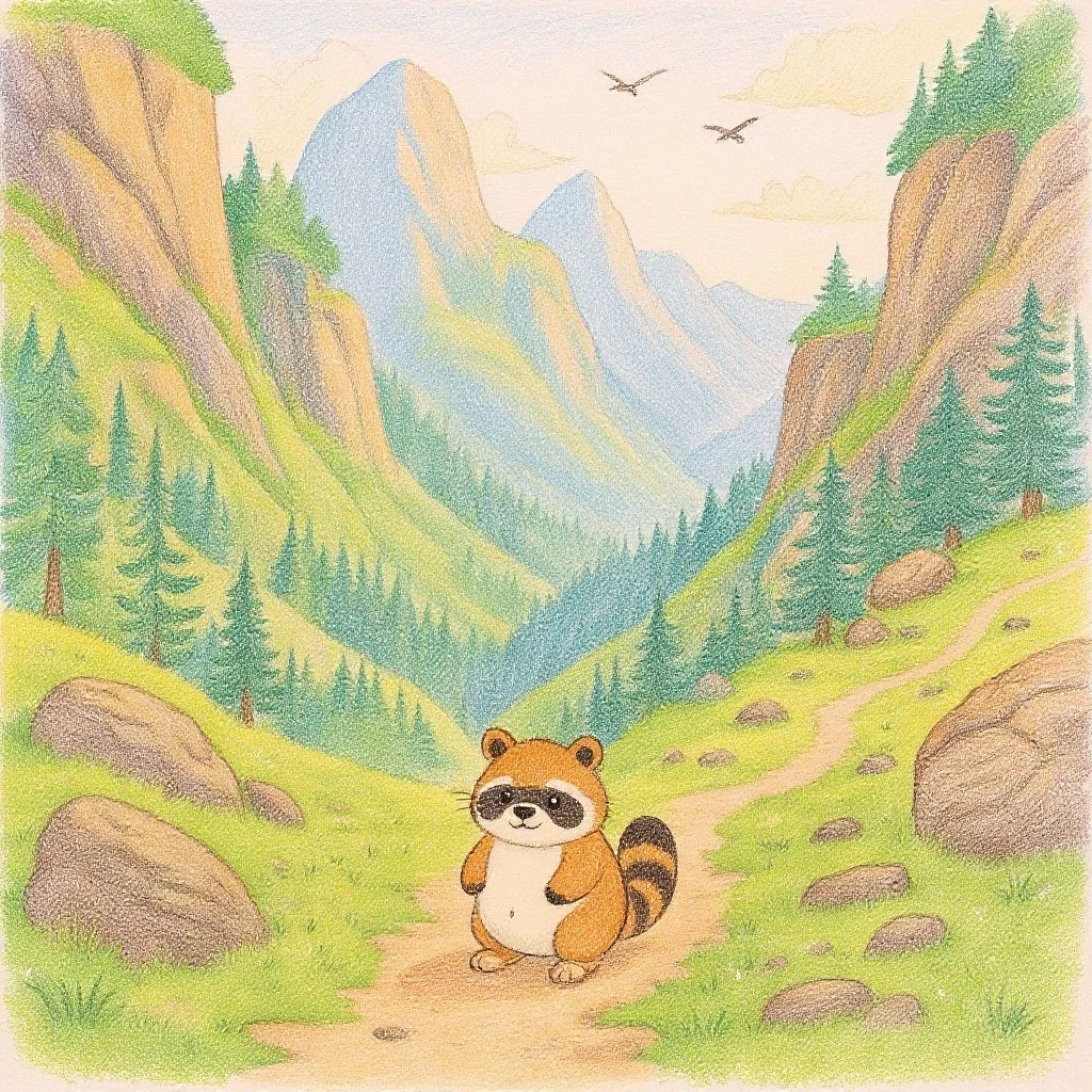 Tanukichi the tanuki walks along a steep mountain trail in Tanuki Mountain, surrounded by fresh air, tall cliffs, and lush green forests.けわしい“たぬき山”の山道を、タヌ吉が新鮮な空気を感じながら歩いていく森のひとこま。